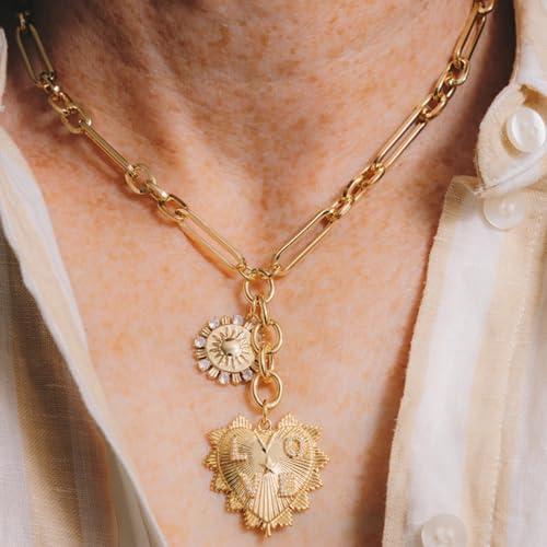 Gold Love Heart Sun Charm Chunky Paperclip Chain for Women Trendy 18K Gold Plated Coin Sunflower Pendant Choker Necklace Hip Hop Jewelry Gifts for Her - style: LOVE HEART, SUN