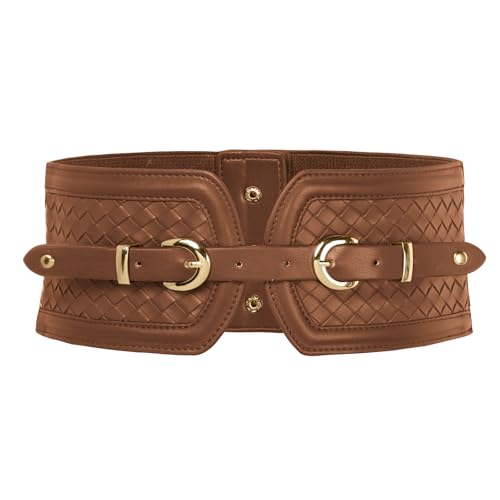 Scarlet Darkness Wide Elastic Belts for Women Stretchy Corset Belt with Double Gold Buckle Waist Belt for Dresses - color: Brown, size: Small