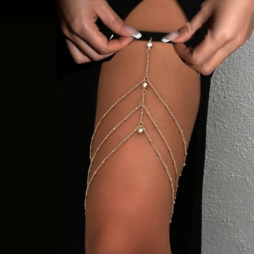 Gold Pearl Thigh Chain Layered Sexy Leg Wrap Garter Belt Boho Beach Body Chain Jewelry Bikini Thigh Accessory for Women - color: Gold