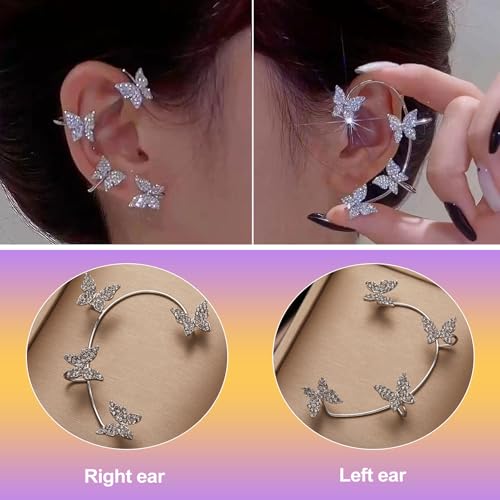 Rhinestone Butterfly Ear Cuffs for Women (1 Pair) Non-Pierced Elf Ear Wrap Clip-On Crawler Earrings for Weddings Special Occasions
