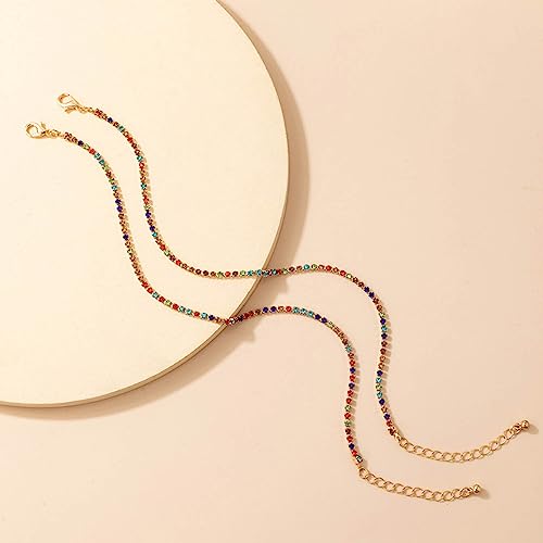 Boho Layered Rhinestone Ankle Bracelet Set Colorful Crystal Tennis Chain Anklet Summer Beach Rainbow CZ Anklet Sparkly Cubic Zirconia Foot Chain Jewelry for Women