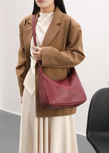 Hobo Bags for Women Foldable Vegan Leather Shoulder Handbag Slouchy Tote Crossbody Purses - color: Red