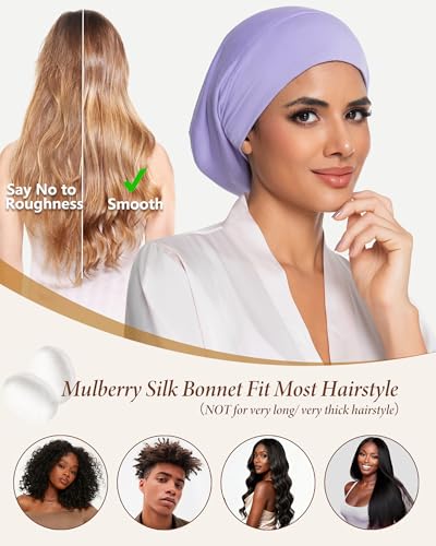 100% Mulberry Silk Bonnet for Sleeping Women Men, Real Silk Lined Bonnets for Curly Hair, Braid Sleep Cap Black Womens - color: Purple