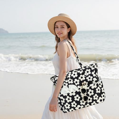 Bluboon Waterproof Beach Tote Pool Bags for Women Ladies Extra Large Carry On Bag With Wet Compartment for Weekender Travel - color: Beige Flower With Black Background