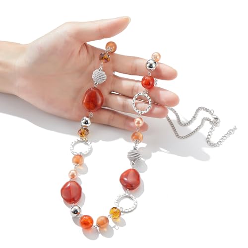 PEARL&CLUB Long Beaded Necklaces For Women - Sweater Chain Fashion Jewelry Necklace Gifts For Women - color: 23-Red coffee