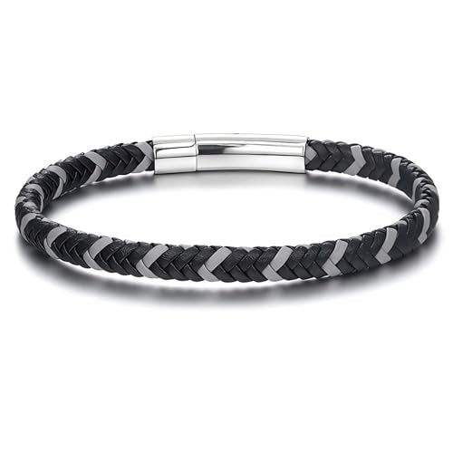 Men's Leather Bracelet, Stackable Stainless Steel Clasp Bracelets for Men Stylish Birthday, Thanksgiving, Valentine's Day Gift for My Man - style: 8.2" Gray and black Interwoven Leather