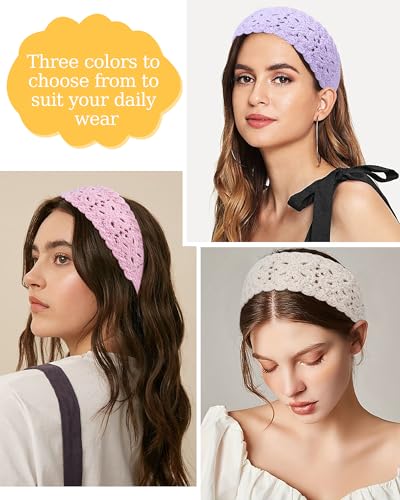 HAIMEIKANG Hippie Hair Bandana Headbands for Women Boho Headband Knit Hair Bands Floral Head Wrap for Women and Girls (Beige+Pink+Purple) - color: Beige+Pink+Purple