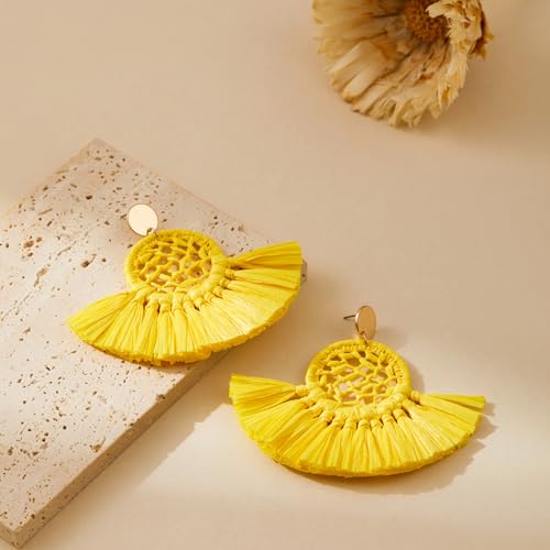 Boho Raffia Summer Beach Earrings for Women, Large Statement Dangle Drop, Lightweight Handmade Woven Fan Tassel Jewelry - color: Yellow