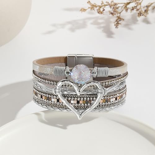 VIBILIA Boho Leather Wrap Bracelets for Women Multi-Layer Bracelets with Strong Clasp Jewelry for Women - color: 01-Heart-Silver