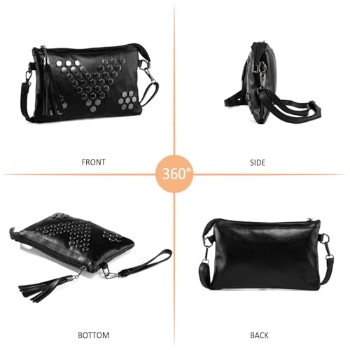 Studded Small Crossbody Bag for Women Fringe Gothic Purse Black Wristlet Clutch