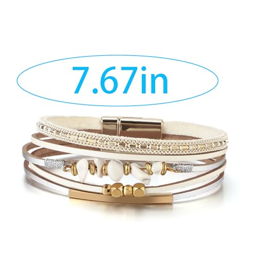 Turquoise Leather Wrap Bracelet for Women Cross Boho Beaded Stack Wrap Cuff Bracelets Stackable Crystal Bangle With Gold Silver Bohemian Jewelry Gift - color: white