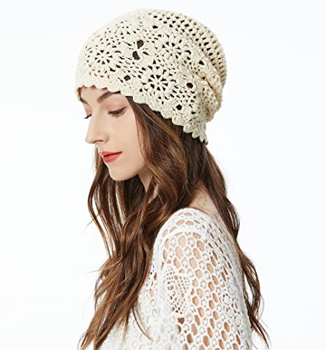 ZLYC Women Cotton Crochet Slouchy Beanie Hat Handmade Knit Summer Skull Cap - color: Colour: Beige