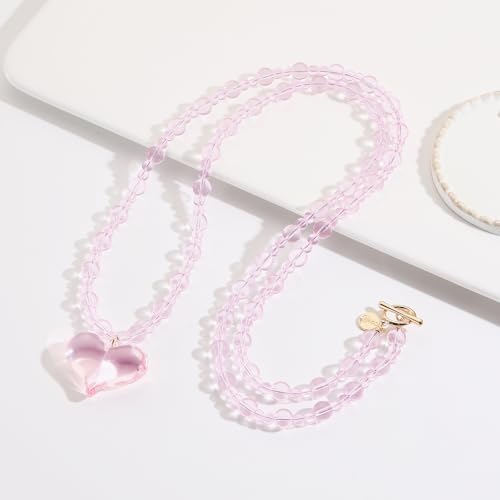 Coiris Chunky Heart Necklace for Women Statement Beaded Pendant Boho Christmas Necklace Gifts for Women - color: Pink, size: Long
