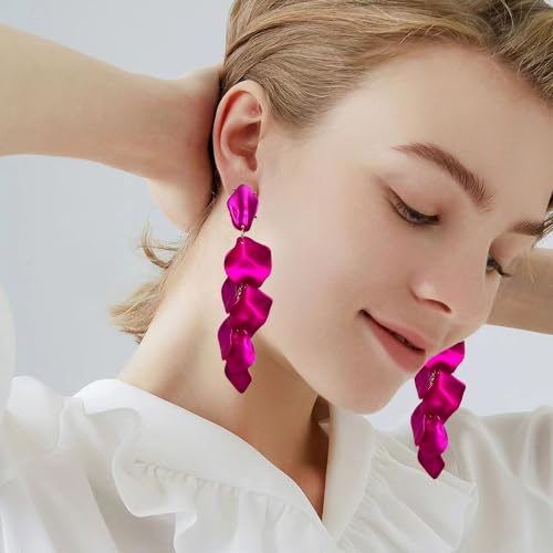 Long Acrylic Rose Petal Earrings Dangle Exaggerated Flower Earrings Drop Statement Floral Tassel Earrings for Women - color: Pearlescent Violet