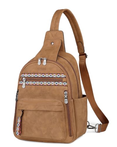 FADEON Large Sling Bag for Women, Leather Crossbody Purse Designer Anti Theft Sling Backpack, RFID Fanny Packs for Travel - color: Camel Brown Nubuck Style