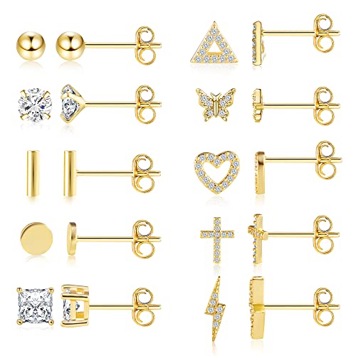 BOUTIQUELOVIN 14K Gold Stud Earrings Set for Women, for Multiple Piercing Silver Plated Studs Earrings and Zirconia Earring Set Small Huggie Hoop Chain Earing - color: 10Pairs Gold Studs