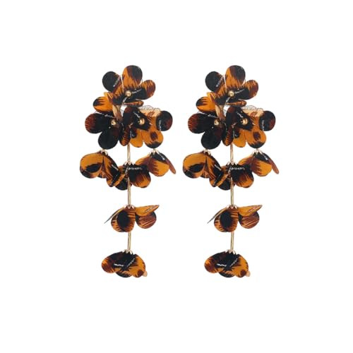 Boho Leopard Print Floral Earring Long Multi Layered Tassel Flower Earrings Fabric Flower Statement Earring Fashion Jewelry Accessories for Women - color: Brown