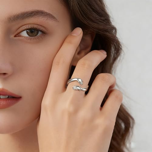 Vito 925 Sterling Silver Adjustable Open Spoon Ring for Women Men, Lotus Sunflower Snake Spoon Band Rings Feather Hug Witches Knot Inspirational Jewelry Gift for Wife - style: hug ring-silver
