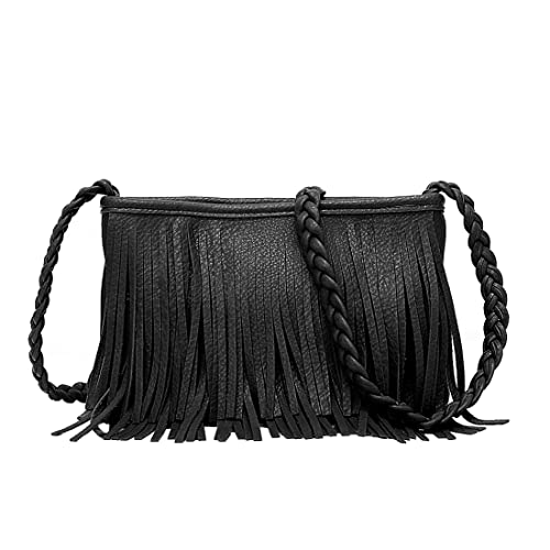 Stylish Fringe Crossbody Bag Bohemian Sling Bag Brown Lightweight Purse Hippie Small Shoulder bagTassel Leather - color: Black