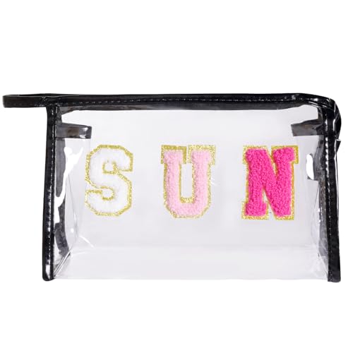 Preppy Patch Makeup Bag, Sun Chenille Letter Bag for Beach, Pouch with Zipper, Travel Bags Clear Cosmetic Toiletry Bag for Women Girls Teens (Black) - color: Black