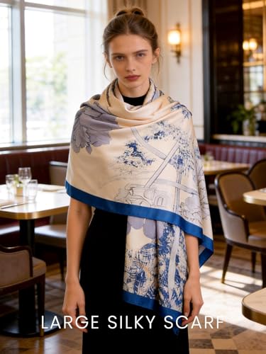 vimate 100% Large Silk Feeling Scarf-Women's Fashion Long Mulberry Silk Satin Neck Scarf Sunscreen Shawl Wrap Headscarf - color: Style 21