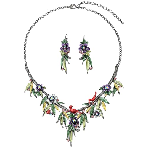 Vintage Chunky Statement Jewelry Set Retro Leaf Floral Geometric Bohemian Boho Bib Necklace Earring Set Fashion Costume Jewelry for Women Girls Wedding Party Prom Unique Gift - style: purple flower green leaf red bird JS