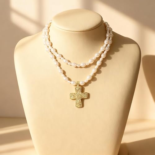 Chunky Cross Necklace for Women Chunky Gold Necklace Statement Cross Pendant Vintage Toggle Clasp Necklace Jewelry for Women - color: E1-Gold Cross Necklace