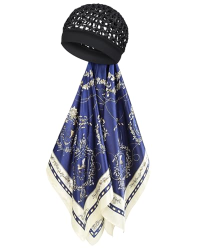 Satin Scarf and Hair Net - 2 in 1 Silk Scarf and Wrap Cap Hair Net for Silk Press, Protective Night Cover Prevents Frizz - color: Navy Blue