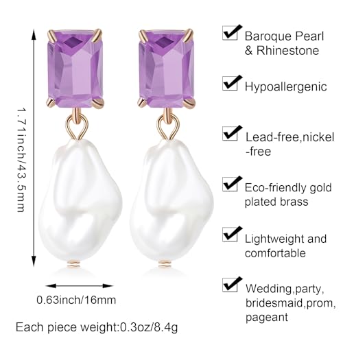 Fashion Pearl Drop Earrings for Women With Crystal - Rhinestone Statement Earrings with Pearl Dangling Studs - Large White Baroque Pearl Earrings for Bridesmaid Wedding Party Birthday Holiday - color: Purple