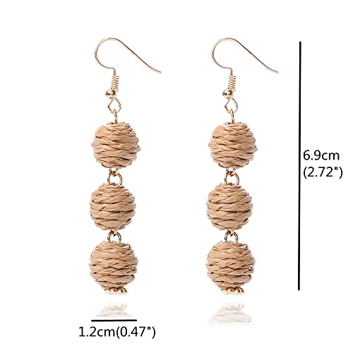 Lightweight Boho Thread Raffia Earrings for Women Handmade Braided Straw Wicker Lantern Ball Earrings Summer Beach Bohemian Geometric Earrings Holiday - color: brown