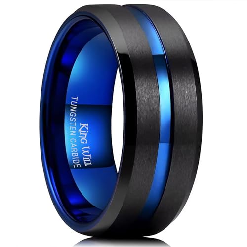 King Will Mens Tungsten Rings for Men Two Tone Grooved Mens Wedding Band Cool - color: Black & Blue 10mm