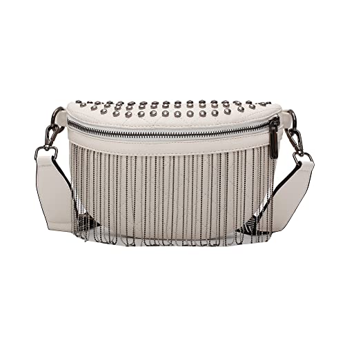 GLT.ETL Fanny Pack Chest Bag For Women Faux leather Fringe Quilted Waist Cross Body Blet Bum Bags Rivet Studded Tassel Purses (Beige White) - color: White