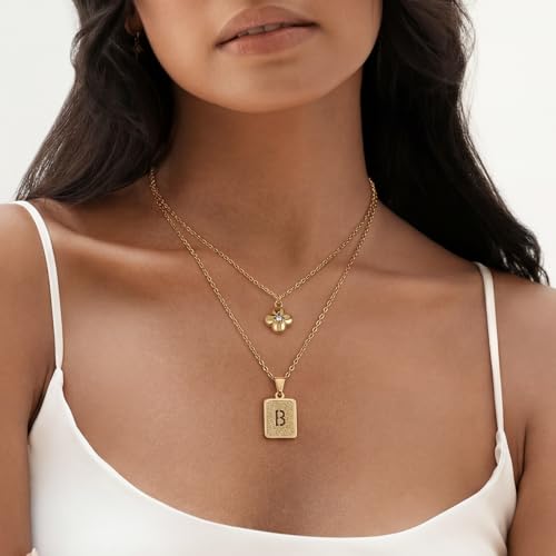 KELORIS PATH Layered Initial Necklaces for Women, 18K Gold Plated Stainless Steel Necklaces Set with Dainty Four Leaf Clover Square Cutout Letter Pendant, Fashion Jewelry for Gifts - style: S Letter