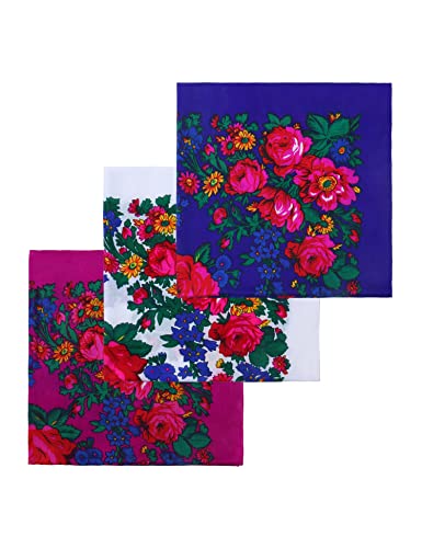 MJ SERECA Acrylic Bandana Printed Hair Scarf Square Ukrainian Head Scarf Floral Babushka Neck Scarf for Women 30"/42"/60" - color: 3 Pack-c 30"