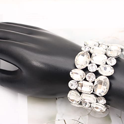 Women’s Wedding Bridal Crystal Leaf Flower Stretch Bangle Elastic Wide Bracelet Jewelry for Brides Bridesmaid - color: White-Platinum Plated