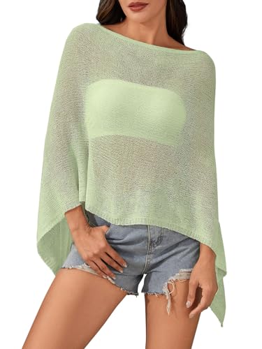 Off The Shoulder Sheer Crochet Vacation Outfits Poncho Sweater Top Summer Beach Cover Up - color: Light Green, size: 3X-Small