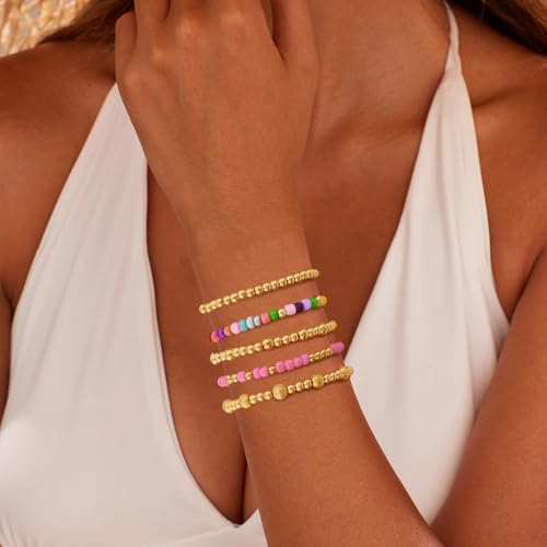 VIBILIA Gold Beaded Bracelets Set for Women 14K Gold Plated Dainty Pearl Cross Bracelet Stack Stretch Bracelet Set Fashion Accessories Gifts - color: 5P-MZ-Color