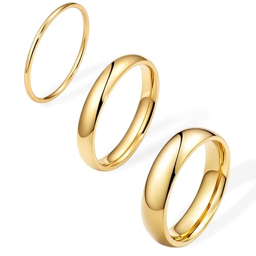Gold Band Rings for Women Men Non Tarnish, Wedding 14K Gold Plated Stackable Ring Set for Couples, Dainty Thin Plain Simple Promise Dome Band Thumb Pinky 1mm 3mm 5mm Jewelry Gift Comfort Fit Size 3-13 - color: Gold-1mm 3mm 5mm, size: 3