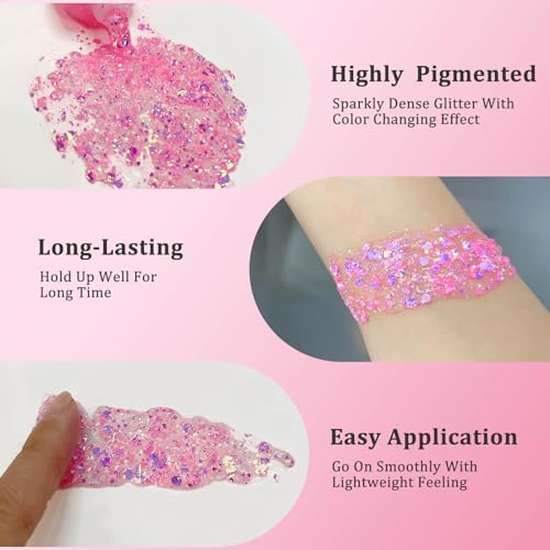MEICOLY Chameleon Light Pink Body Glitter,Chunky Face Glitter for Halloween,Color Changing Mermaid Face Glitter Gel,Holographic Glitter Sequin for Face Body Hair,Festival Party Cheer Glitter Makeup - color: chameleon light pink body glitter