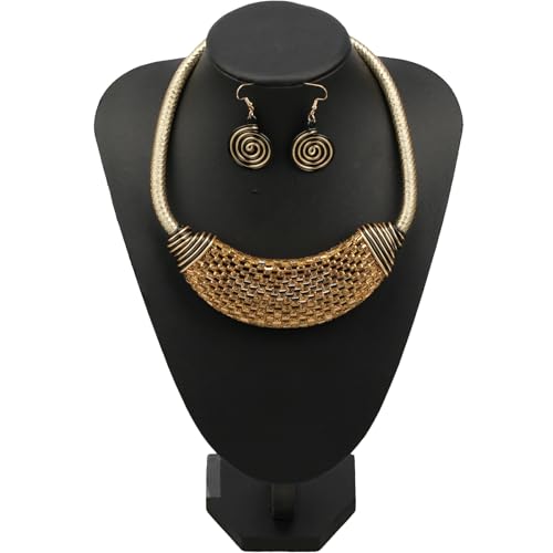 Ethnic Crystal Rhinestone Pendant Necklace Earrings Set Women Handmade Tribal Collar Choker Chunky Metal Bib Rope Chain African Statement Jewelry Set - color: NXR1429-champagne