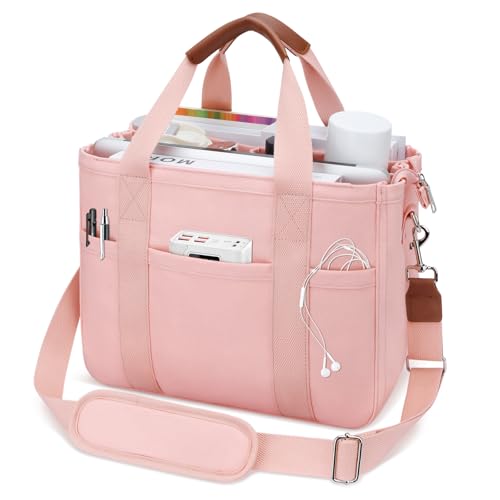 KKXIU Canvas Tote Bag for Women with Zipper and Compartments Crossbody Large Bible Messenger Purse Bag With Pockets | Canvas - color: Pink, size: Large