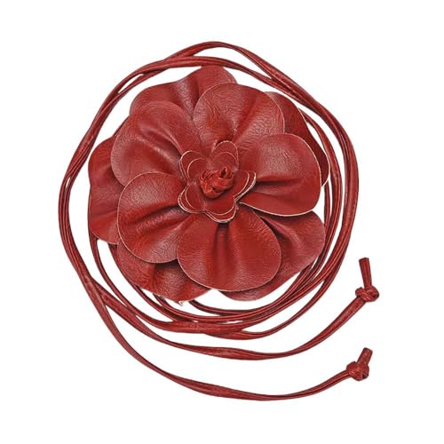 Boho Big Flower PU Leather Waist Belt Chain for Women Rose Floral Camellia Long Tassel Adjustable Waist Band Jewelry - color: Dark Red