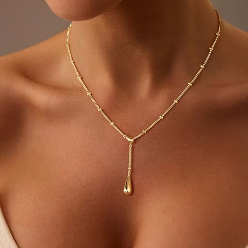 M MOOHAM Gold Necklace for Women Non Tarnish - Dainty 14K Gold Plated Beaded Chain Small Pendant Necklaces Simple Pearl Circle Beads Teardrop Pendant Necklace for Women Trendy Jewelry Gifts - color: “Teardrop Pendant