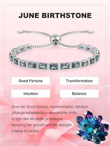 Radiant Cut Birthstone Tennis Bracelets for Women, Adjustable 6–9 Inches White Gold Plated Sterling Silver Bracelet, Hypoallergenic Anniversary Birthday Valentine’s Day Gift for Her - color: 06-Alexandrite