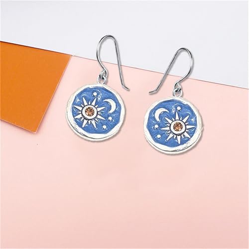 MALOYANVE Vintage Sun and Moon Drop Dangle Earrings for Women Unique lightweight Handmade Retro Boho Antiqued Gold Silver Round Coin Earrings for Women Jewelry - color: Silver Blue Earrings