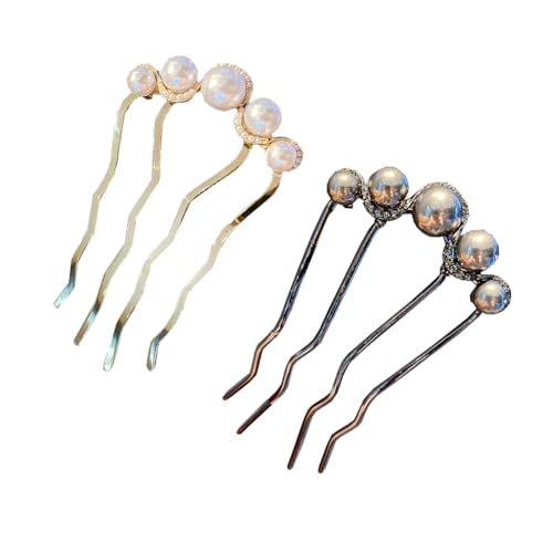 2 Pcs Pearl U Shaped Hair Side Combs for Buns Fashion 4 Prong Hair Updo Hair Sticks Metal Teeth Hair Fork Clips Decoration Hair Styling Accessories (Gold, Black)