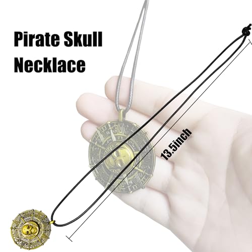 Pirate Coin Necklace, Double-Sided Antique Brass Pirate Accessories, Skull Necklace for Men Women and Kids, Halloween Costume Accessories for Pirate Party Cosplay, Halloween Dress Up Party Favors