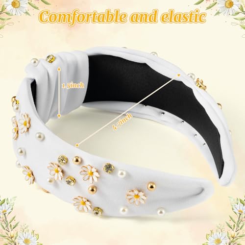 PANTIDE Daisy Jeweled Knotted Headband - Rhinestone Crystal Beads Embellished Headband Wide Top Knot Fashion Hairband Hair Accessories Spring Summer Birthday Holiday Gift for Women Girls (White) - color: White Daisy