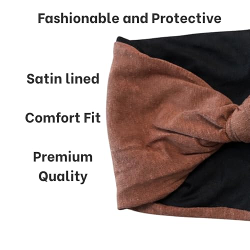 Satin Lined Knot Headband for Women – Wide Stretch Fabric Head Wrap with Twist Knot, Soft Ribbed Jersey, Comfortable Non-Slip Hair Band Protects hair from damage and breakage. (Cognac) - color: Cognac