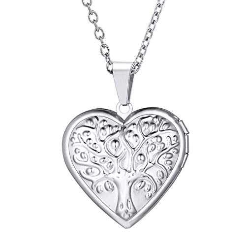 U7 Women Locket Necklace Platinum 14K Gold Photo Lockets that Hold Picture,Chain 20 Inch Personalized Gift Custom Love Heart Image Necklaces - color: 04# Stainless(Tree of Life)